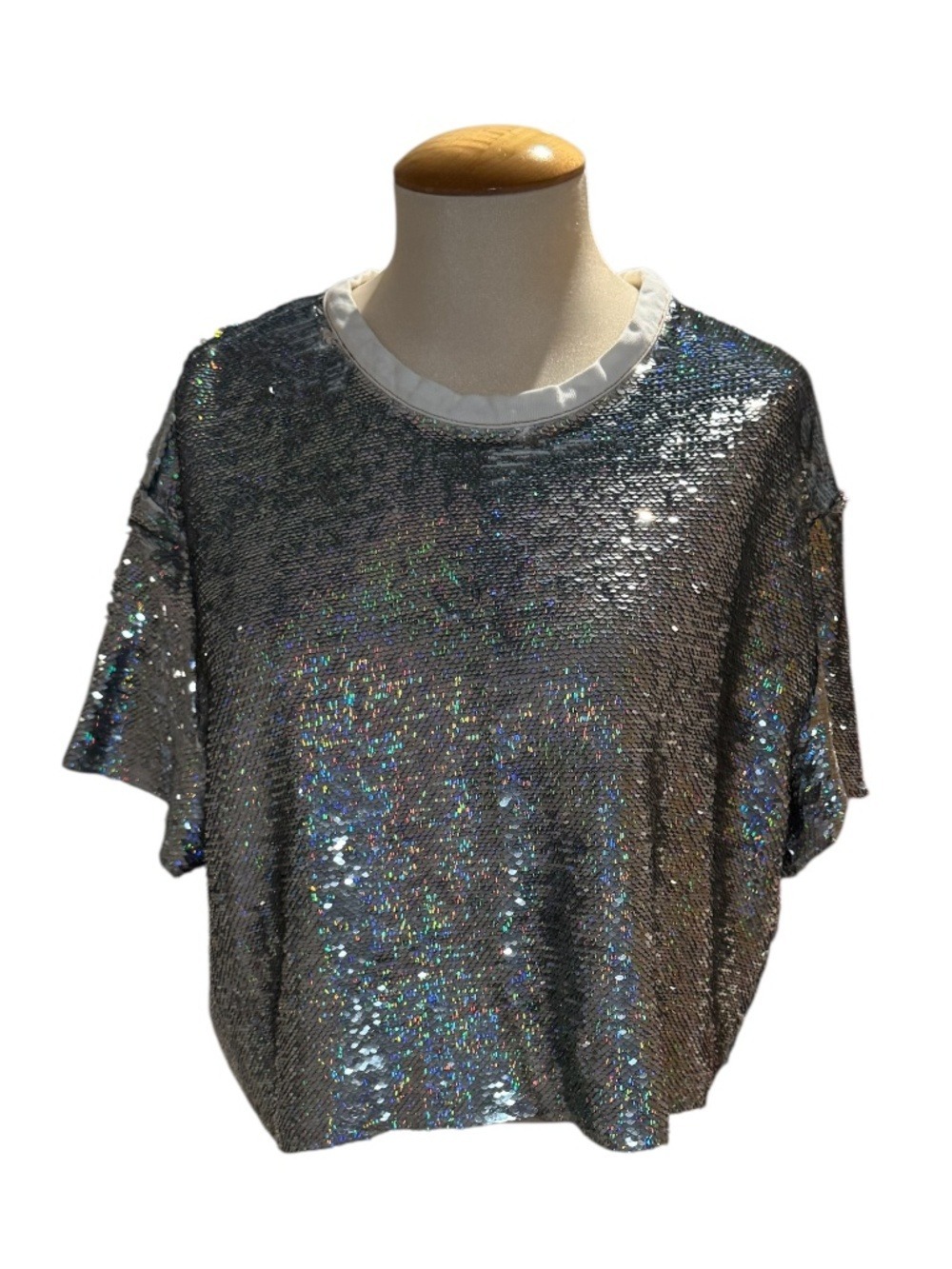 IRO holographic metallic flip sequin boxy fit t-shirt top - size small